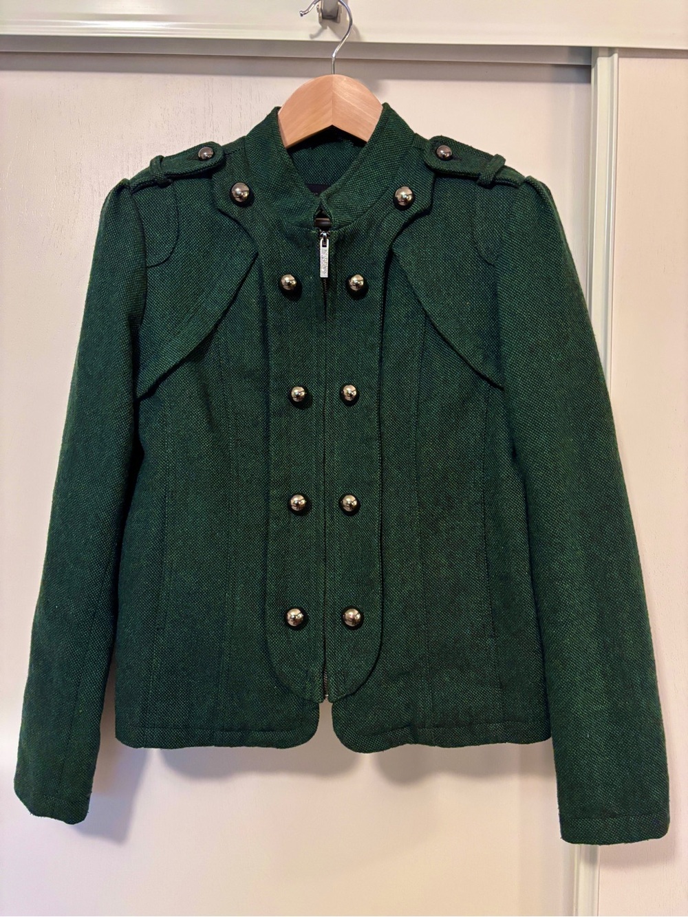 Womens Military Band Jacket Size Large Green Wool Designer Rare Epaulets Utility - Picture 2 of 11